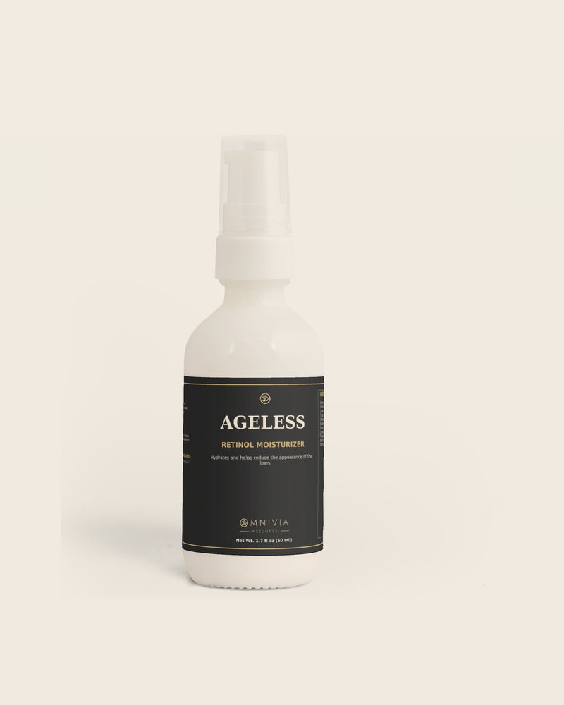 Ageless Retinol Moisturizer in a white pump bottle with a black and gold Omnivia Wellness label on warm parchment