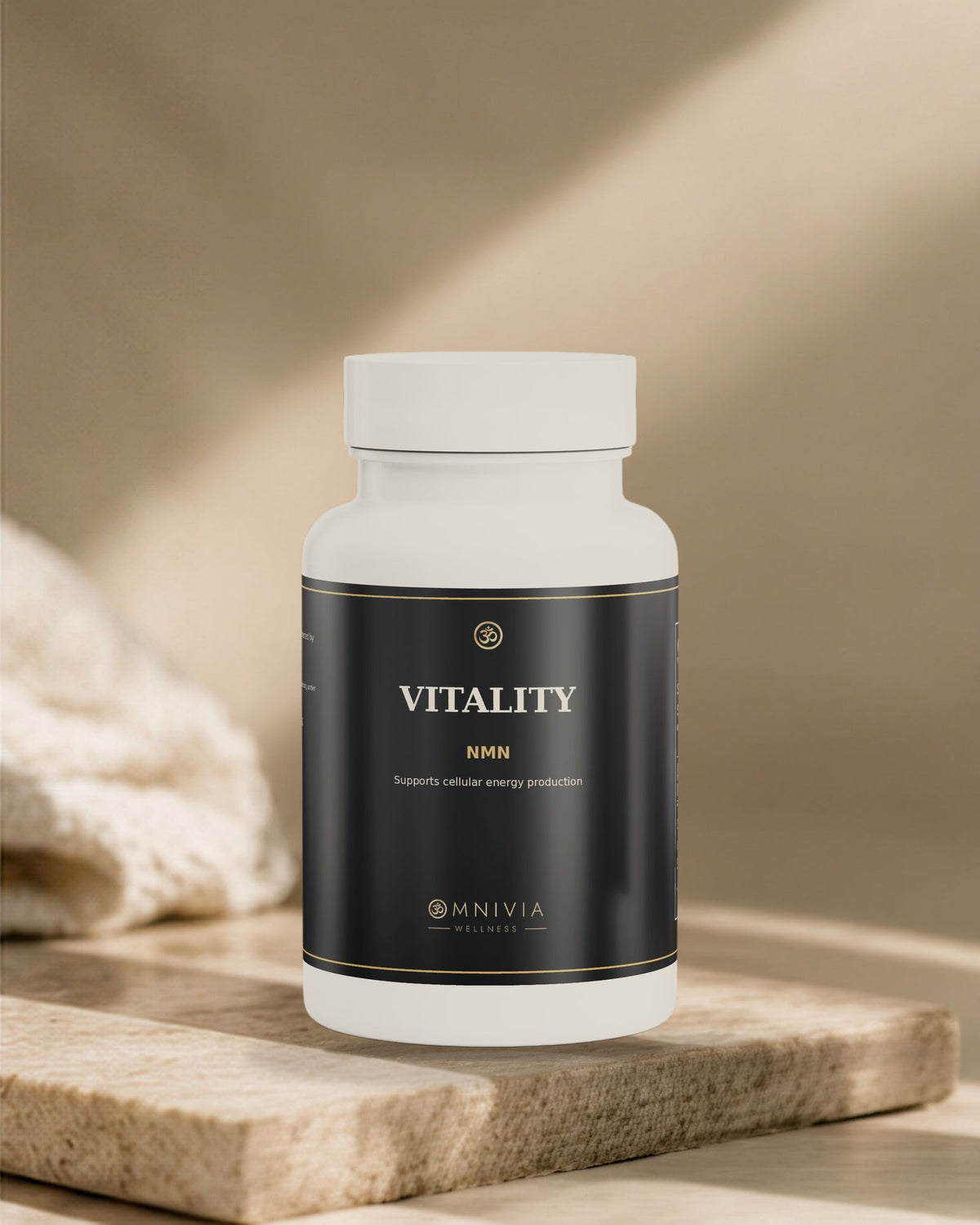 Vitality NMN capsule bottle standing on a travertine slab in warm directional light