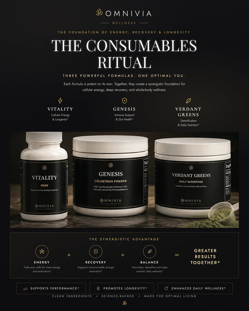 The Consumables Ritual: Vitality NMN, Genesis Colostrum and Verdant Greens — three powerful formulas for energy, recovery and longevity