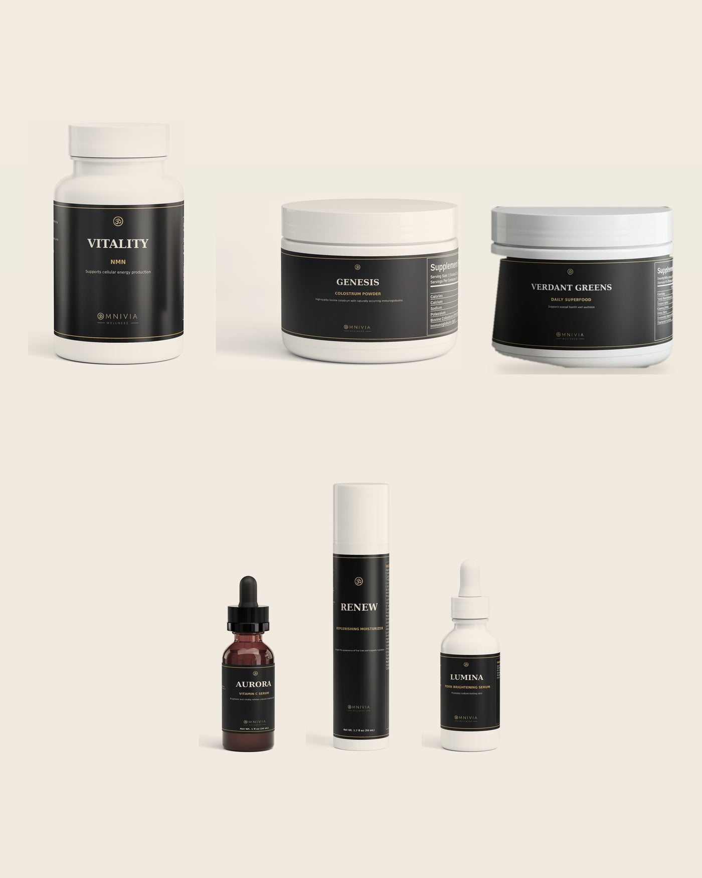 The Complete System — all six Omnivia formulations, three consumables and three topicals, on warm parchment
