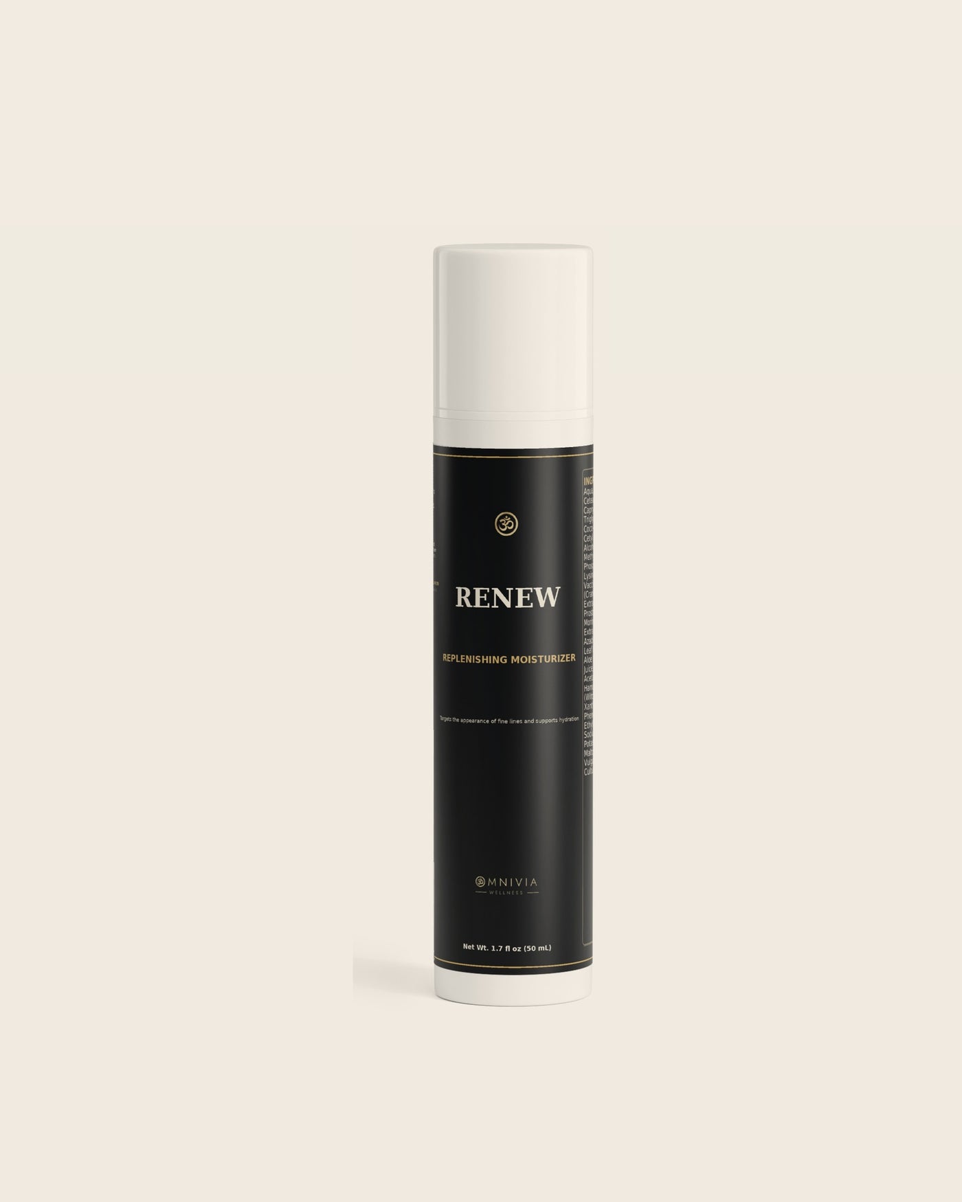 Renew Replenishing Moisturizer in a white airless pump with a black and gold Omnivia Wellness label on warm parchment