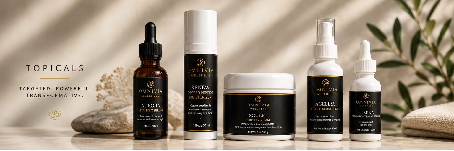 The Omnivia Topicals line — Aurora Vitamin C Serum, Renew, Sculpt, Ageless and Lumina