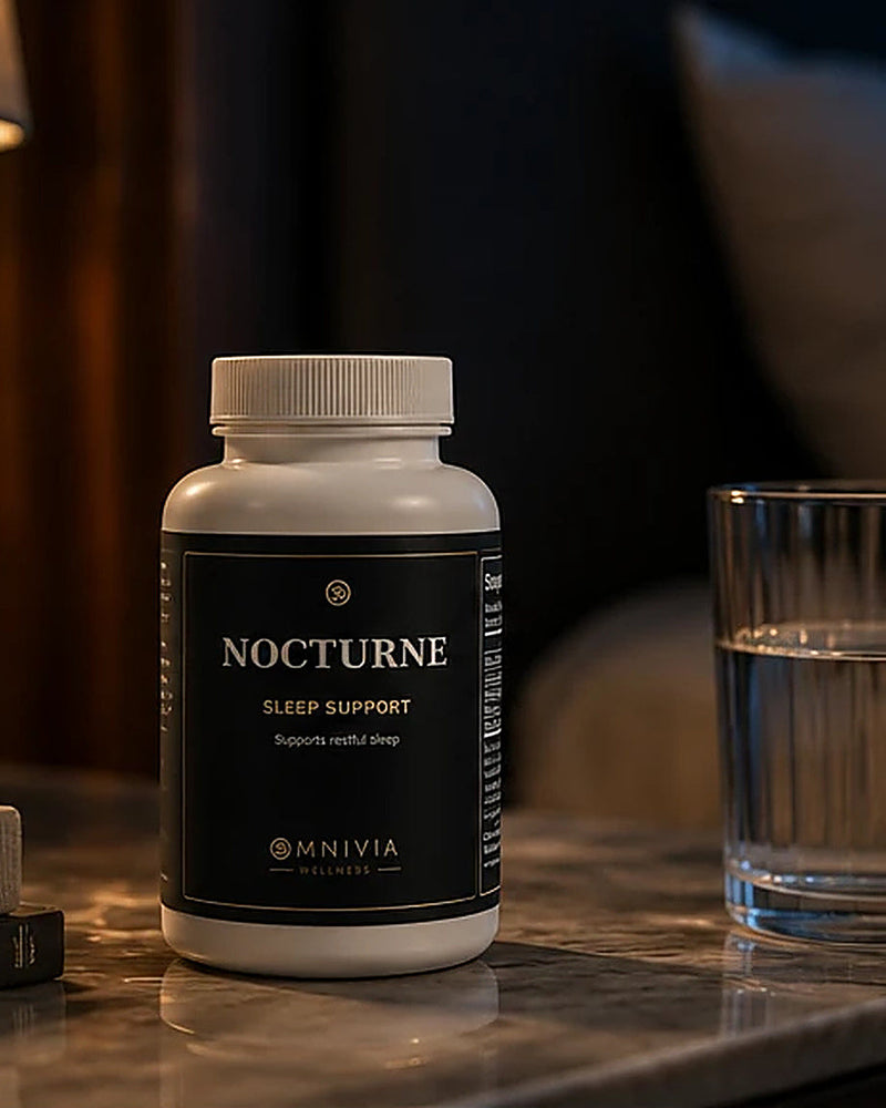 Nocturne Sleep Support bottle on a marble nightstand beside a glass of water