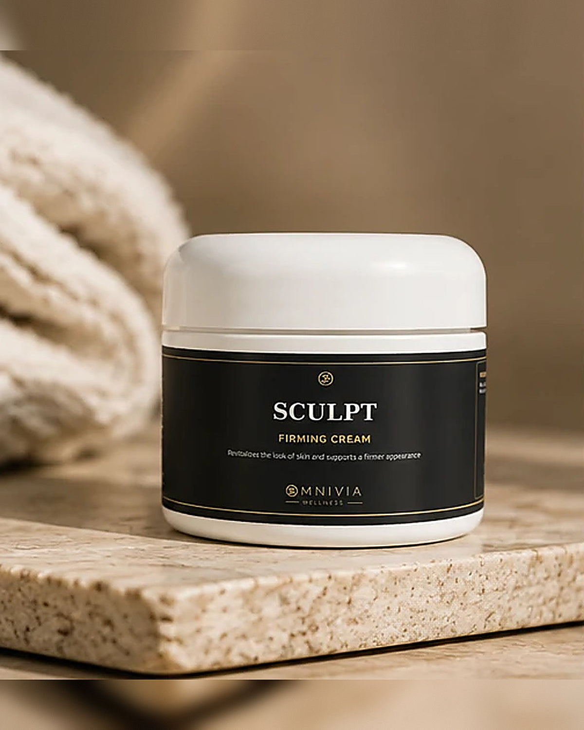 Sculpt Firming Cream jar on a travertine slab beside a soft towel in warm light